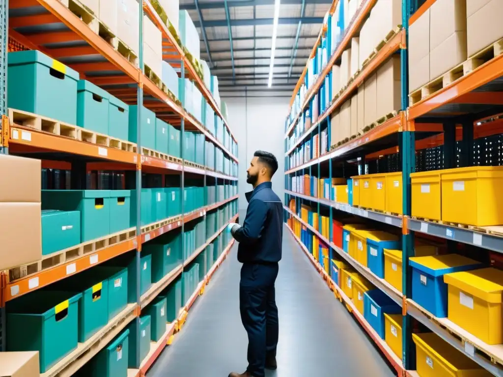 Almacén de eCommerce eficiente y organizado Un almacén moderno y bien iluminado con estanterías ordenadas y coloridas cajas de productos