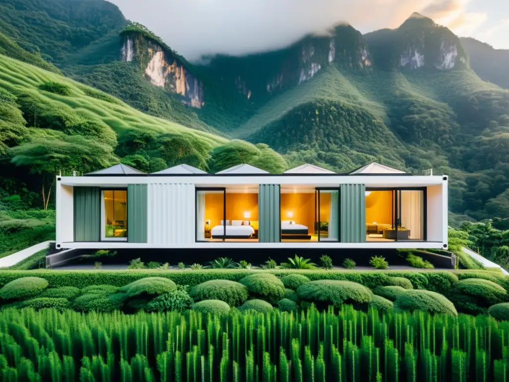 Hotel contenedor futurista en la naturaleza Alojamiento en contenedores con Docker: hotel contenedor futurista entre naturaleza y montañas, diseño moderno y eco-friendly