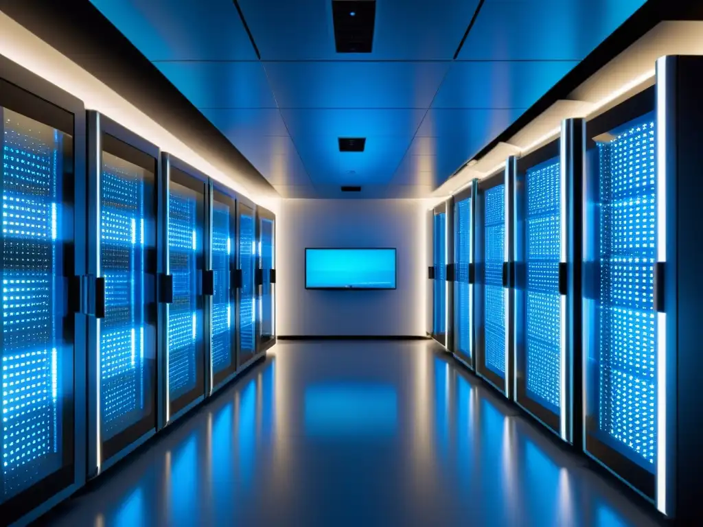 Centro de datos futurista con servidores AI en acción Alojamiento web con inteligencia artificial: Centro de datos futurista con servidores AI en un espacio ultramoderno bañado en luz azul