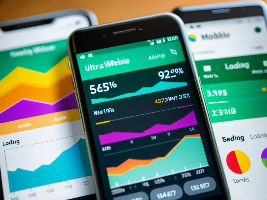 Análisis de velocidad de carga del sitio web en smartphone Análisis de velocidad de carga del sitio web en el móvil con gráficos coloridos y métricas de rendimiento
