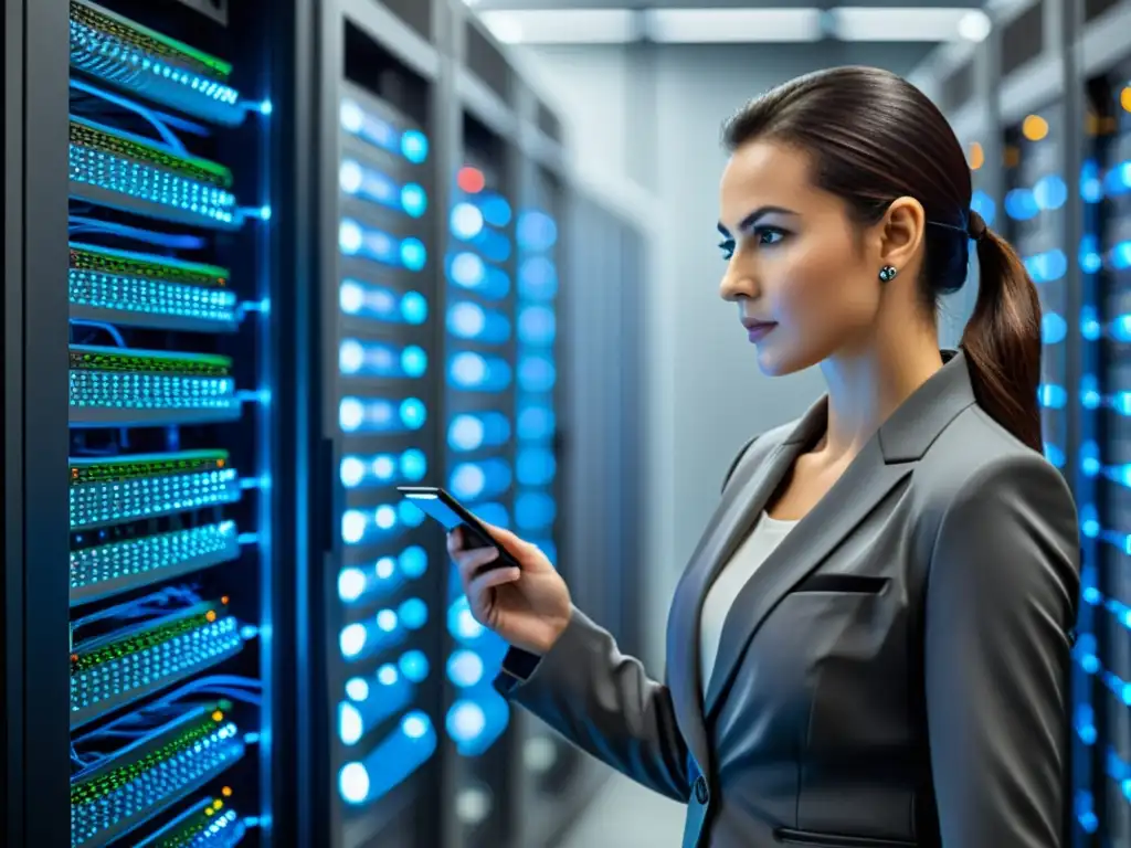 Un auditor de ciberseguridad examina una sala de servidores, destacando la red de cables y sistemas de seguridad