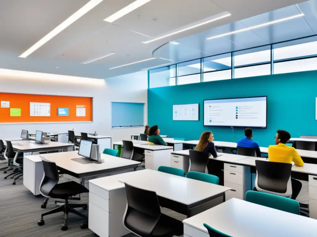 Aula moderna: integración de tecnología y educación En aula moderna con tecnología y mobiliario ergonómico, estudiantes participan en animada discusión