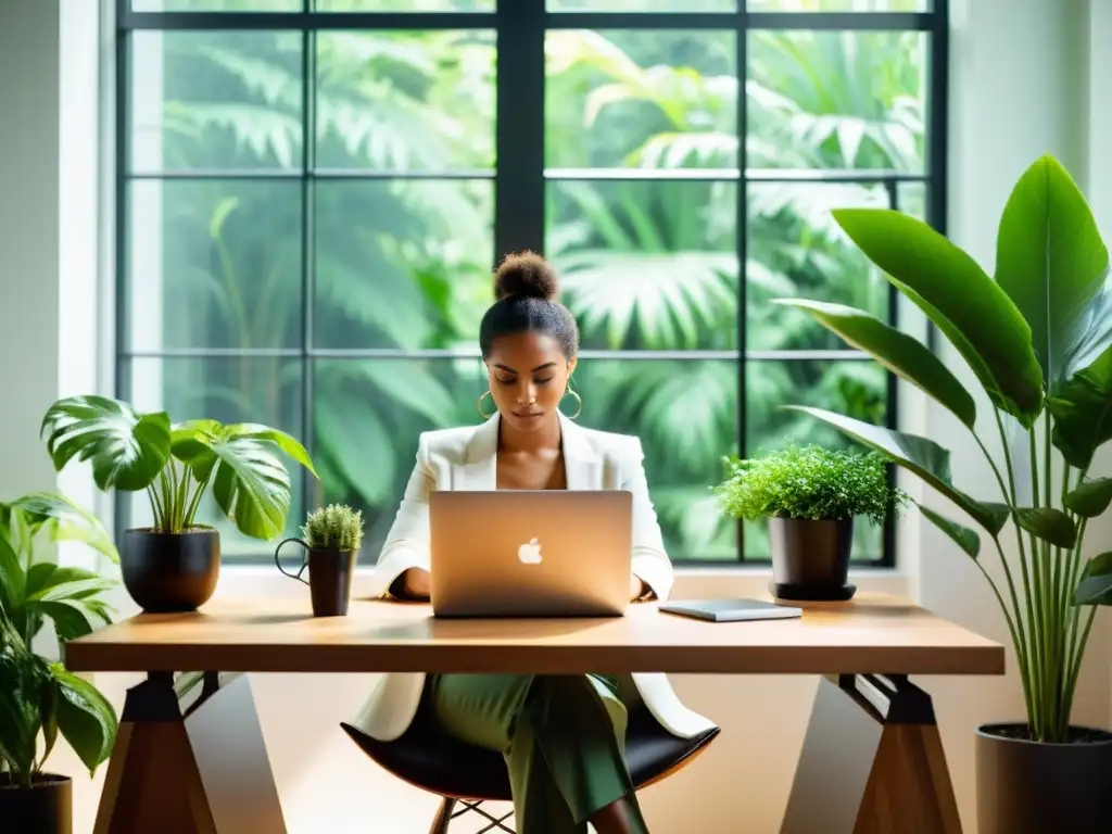 Bloguero creativo con laptop en un entorno sereno Un blogger concentrado en su trabajo, rodeado de plantas y luz natural, transmite productividad y creatividad
