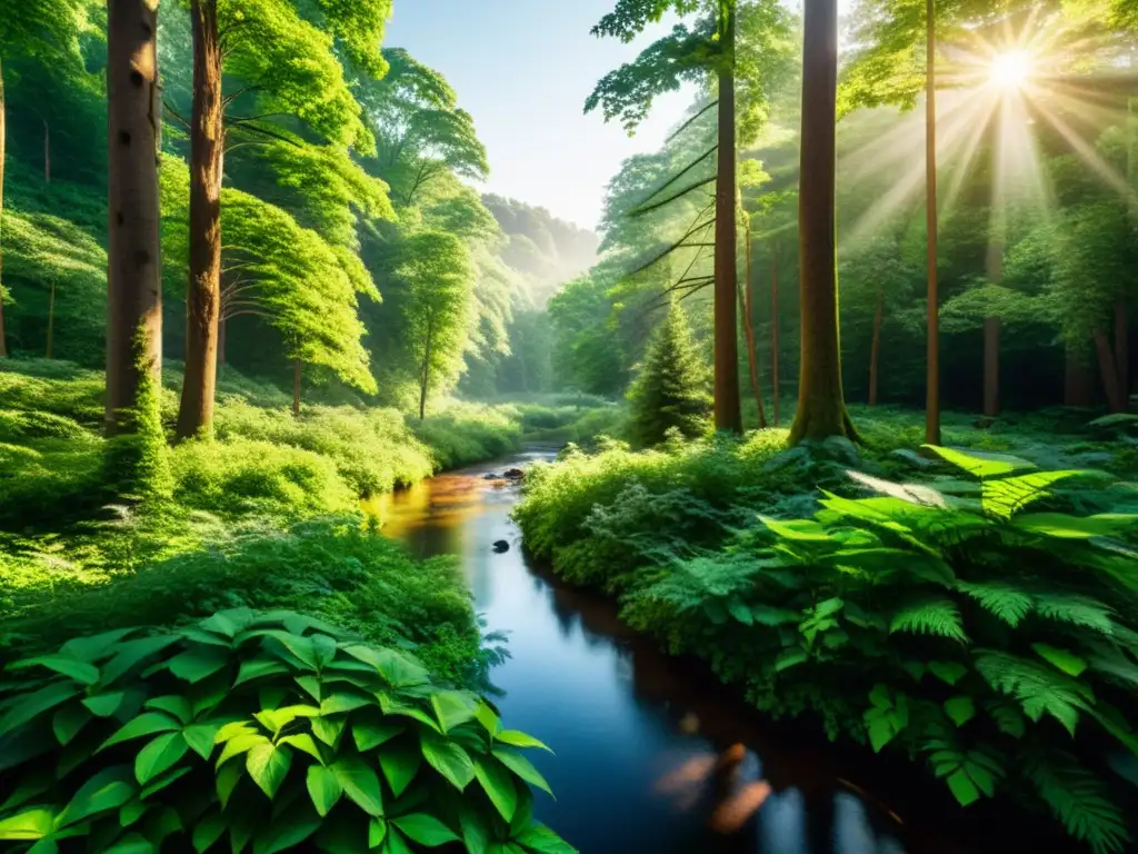 Bosque exuberante: belleza natural y sostenibilidad Un bosque exuberante y verde con árboles altos, follaje vibrante y un arroyo claro