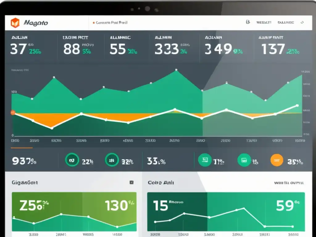 Panel de control de Magento: métricas de rendimiento y análisis de datos Captura detallada del panel de administración de Magento con métricas y gráficos