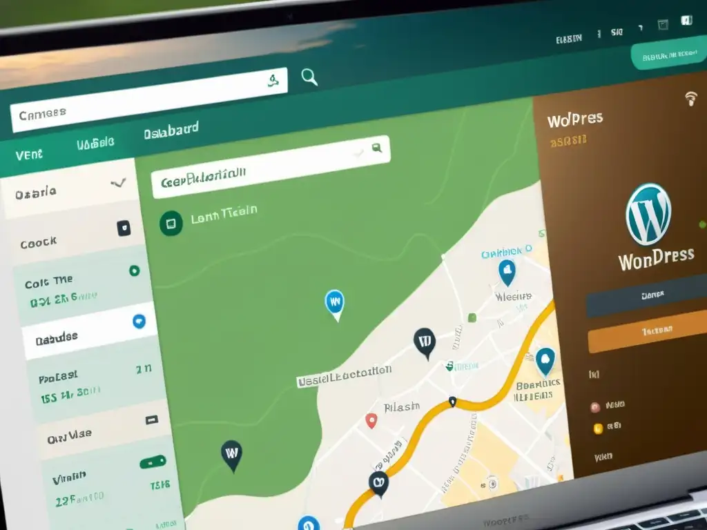 Plugin de Geolocalización para WordPress: Eficiencia y Sofisticación Captura de pantalla del panel de WordPress con un moderno plugin de geolocalización, que mejora la experiencia del usuario