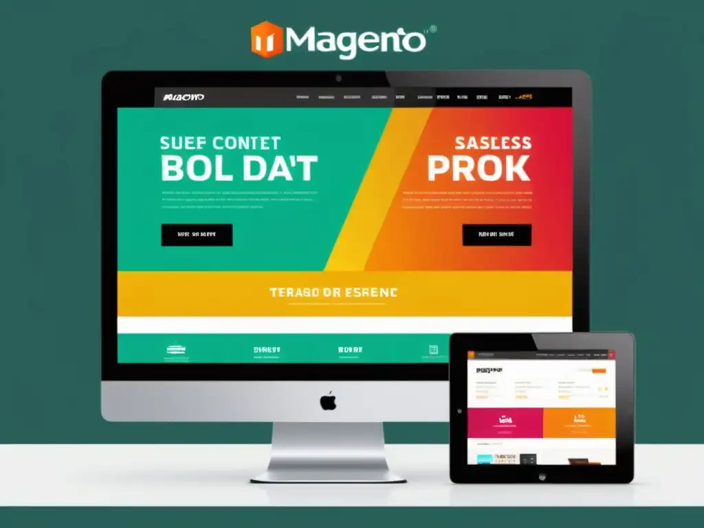 Interfaz moderna y sofisticada de Magento: Impacto SEO Captura de pantalla de un sitio web Magento moderno y sofisticado con un diseño limpio y colores llamativos