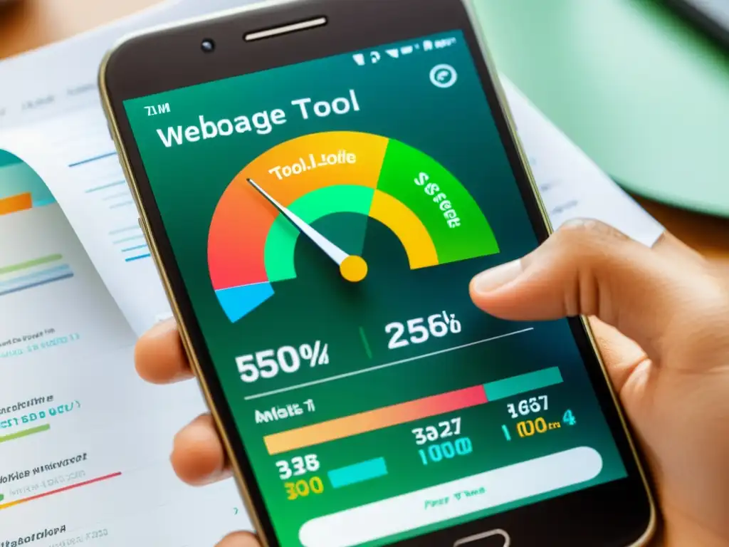 Análisis de velocidad web: gráficos dinámicos y métricas precisas Captura de pantalla de smartphone con visualizaciones coloridas y métricas que muestran la optimización de velocidad web en dispositivos móviles