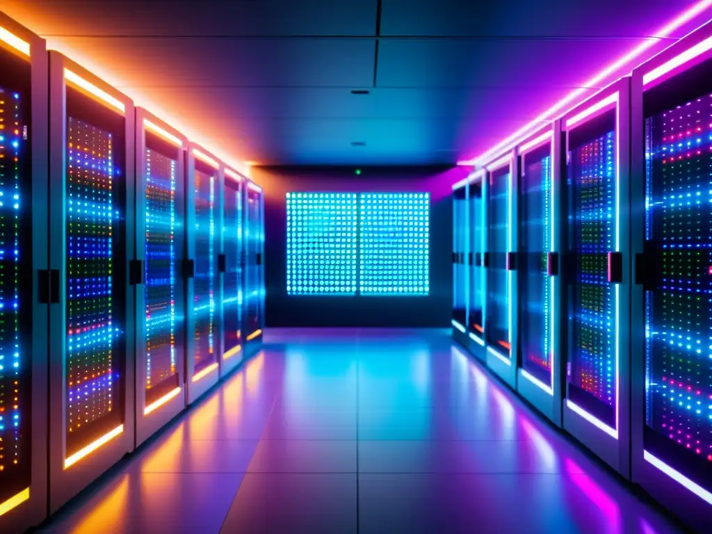Data Center Ultramoderno: Eficiencia y Tecnología de Vanguardia Un centro de datos de alta tecnología con servidores alineados en un ambiente futurista, iluminados con luces LED vibrantes