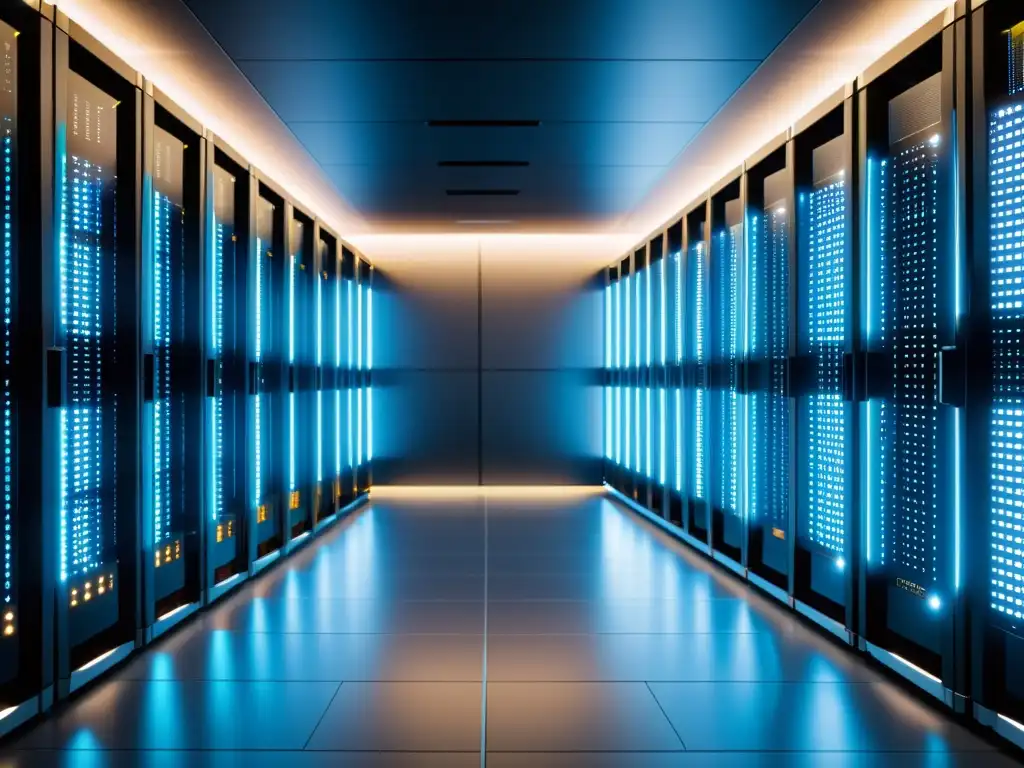 Sala de servidores de alta tecnología: eficiencia y precisión en 8k Un centro de datos de alta tecnología con servidores modernos y luces LED, evocando eficiencia y tecnología de vanguardia
