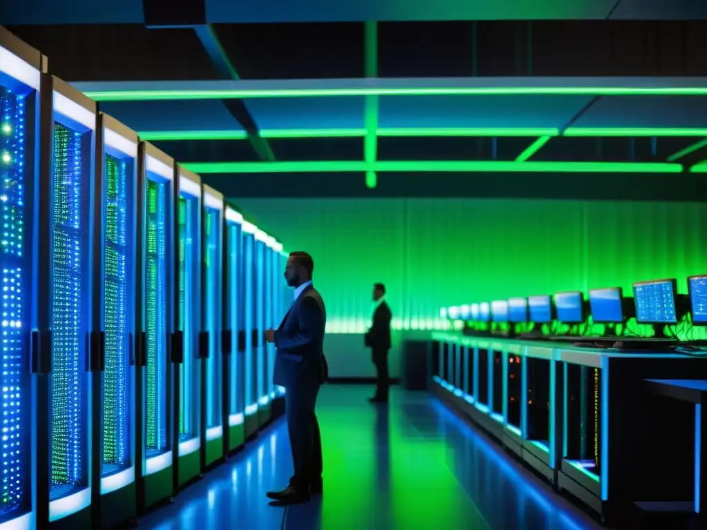 Centro de datos moderno: tecnología de vanguardia y eficiencia Un centro de datos bullicioso con servidores modernos y técnicos atentos, bañado en luces LED azules y verdes
