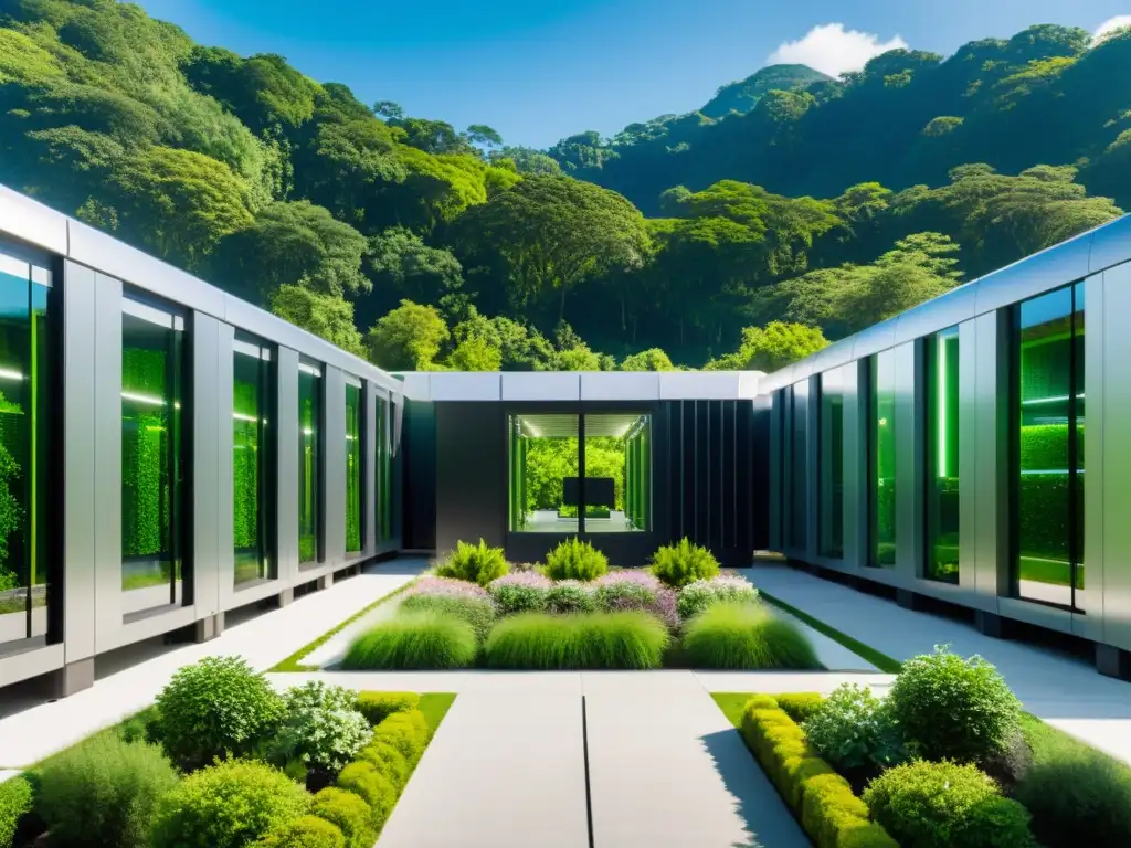Centro de datos ecofriendly: innovación y naturaleza Un centro de datos ecológico futurista y vibrante entre la exuberante vegetación