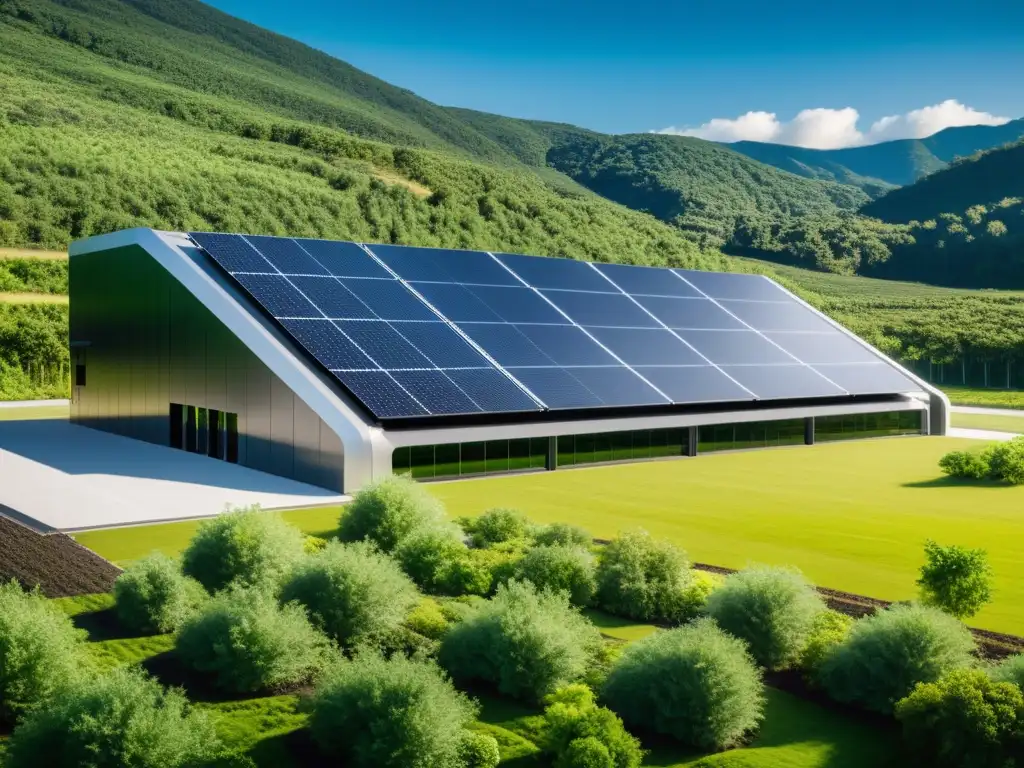 Data center sostenible: tecnología avanzada en entorno ecoamigable Un centro de datos ecológico y moderno, con arquitectura futurista y energía renovable