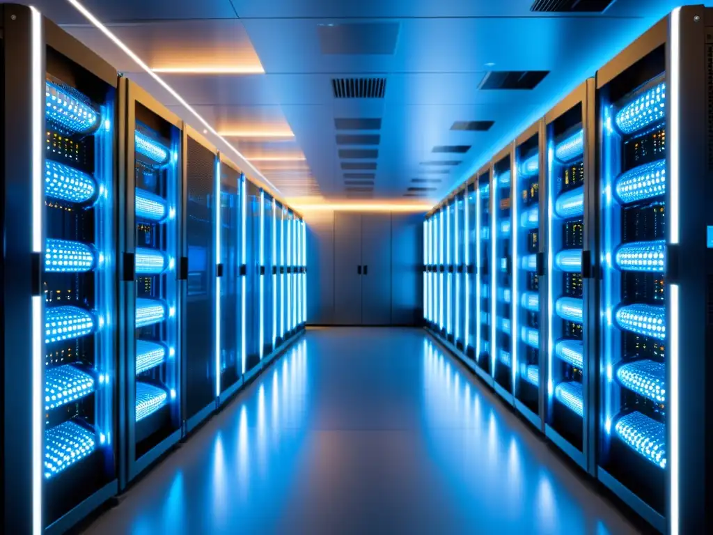 Centro de datos de alta tecnología: Eficiencia energética y modernidad Un centro de datos de última generación, con elegantes racks metálicos emitiendo un suave resplandor azul