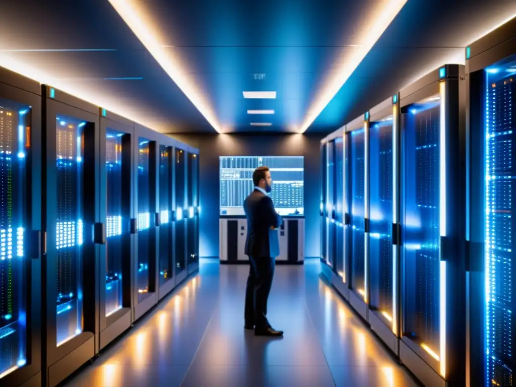 Centro de Datos Futurista: Protección de Datos y Tecnología Avanzada Un centro de datos futurista con alta resolución y medidas de seguridad avanzadas