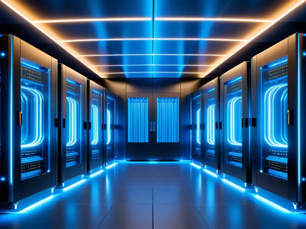Centro de datos futurista: tecnología avanzada en alta resolución Un centro de datos futurista con arquitectura metálica y cables de fibra óptica brillantes, resaltando la importancia de la latencia en el hosting