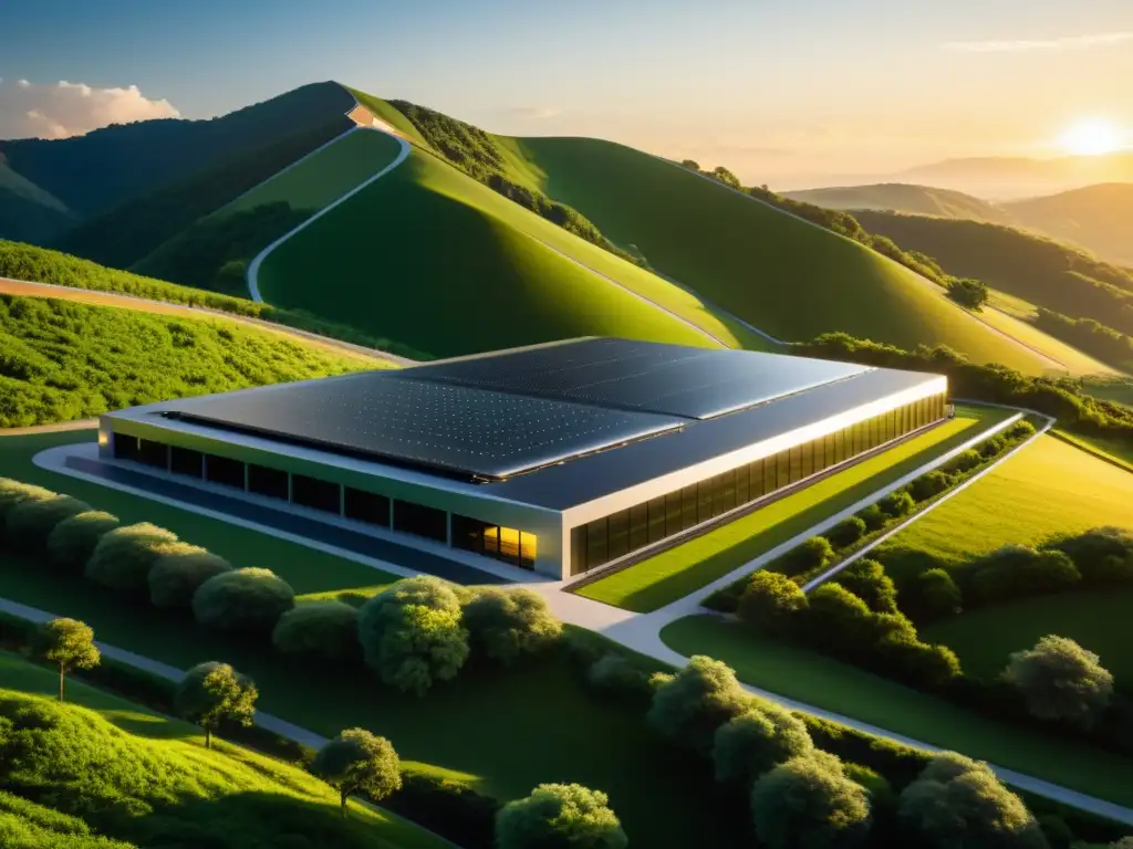 Centro de datos futurista en paisaje verde Un centro de datos futurista entre colinas verdes, bañado por la cálida luz del atardecer