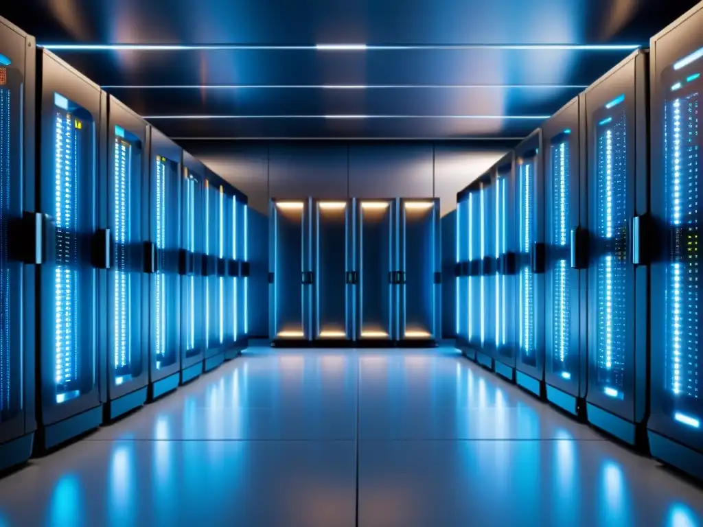 Centro de datos futurista de alta tecnología Un centro de datos futurista y eficiente, con servidores alineados y sistemas de enfriamiento avanzados