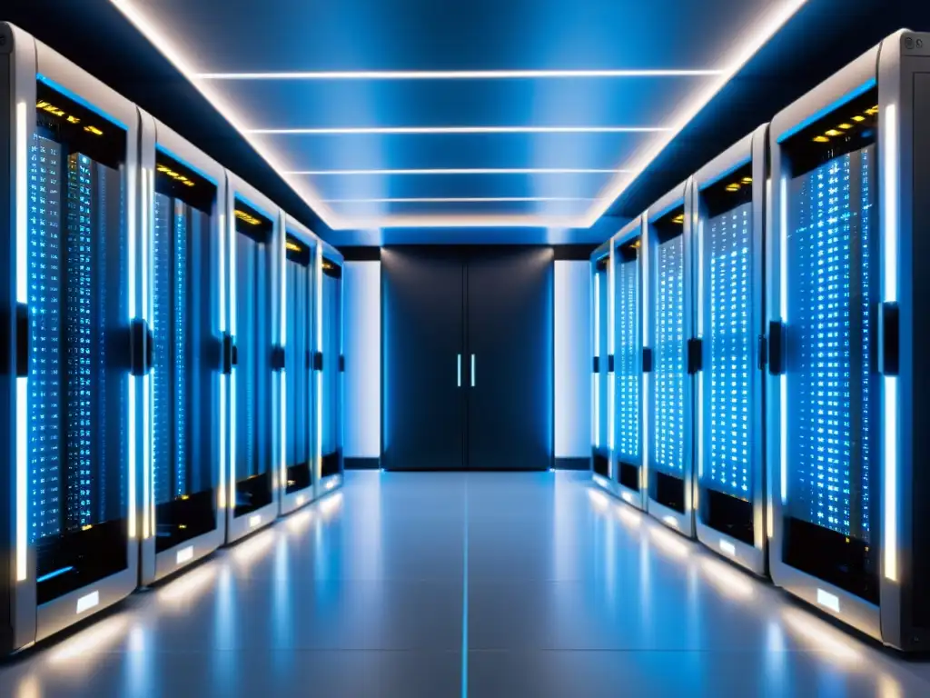 Centro de datos futurista: Eficiencia y tecnología de vanguardia Un centro de datos futurista y eficiente con servidores y cables de fibra óptica, iluminado en tonos azul y blanco