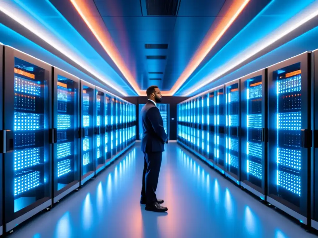 Un centro de datos futurista y eficiente, con servidores brillantes y cables de fibra óptica