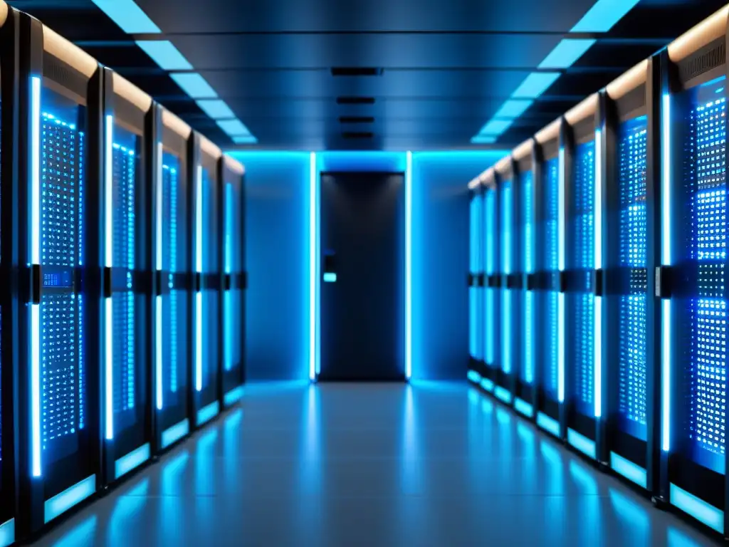 Centro de datos ultramoderno: precisión y eficiencia en 8k Un centro de datos futurista y eficiente, con filas de servidores en un suave y moderno resplandor azul