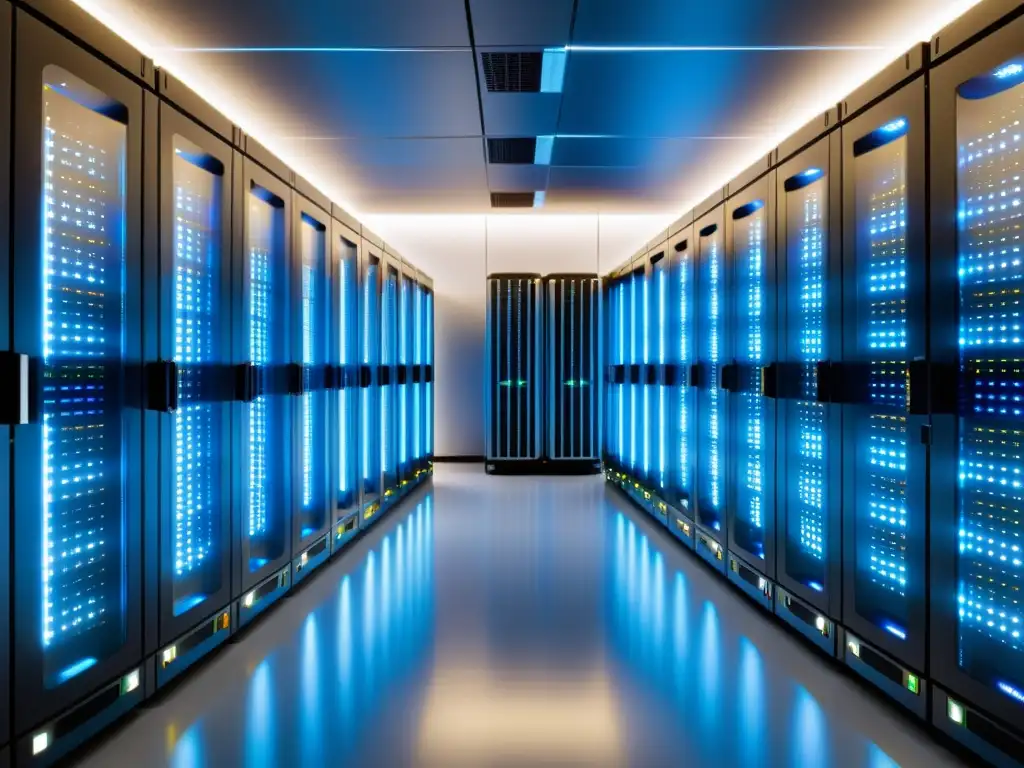 Centro de datos futurista: eficiencia y tecnología de vanguardia Un centro de datos futurista y eficiente con servidores organizados, cables vibrantes y tecnología de autoescalado