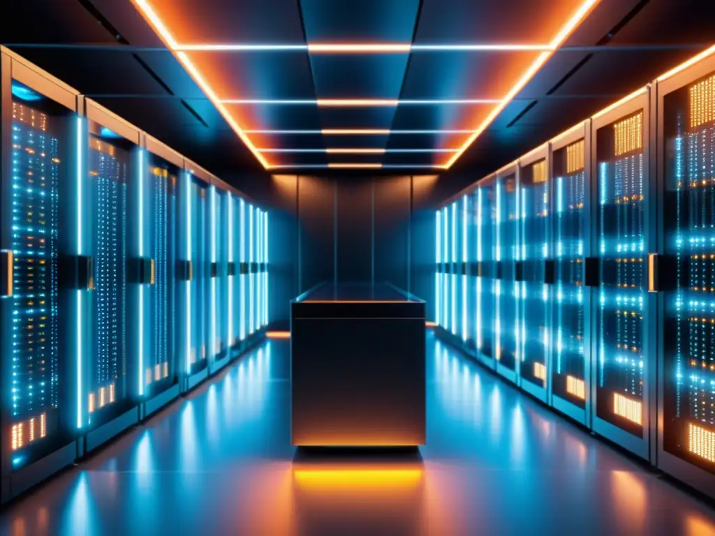Centro de datos futurista 8k: luces vibrantes y eficiencia tecnológica Un centro de datos futurista y elegante, con luces vibrantes y servidores en segundo plano, que representa el impacto de uptime en el SEO