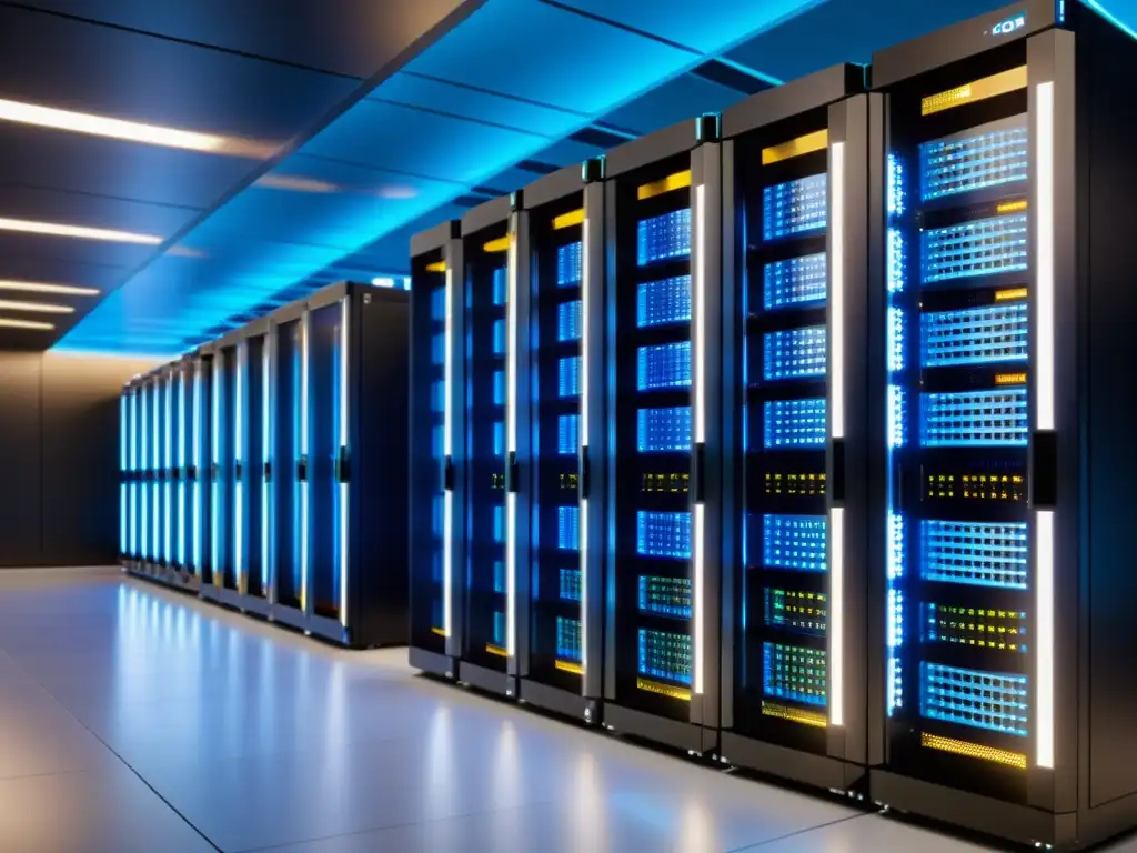 Centro de datos futurista: servidores potentes con luces LED vibrantes Un centro de datos futurista y elegante con servidores potentes y luces LED vibrantes, transmitiendo velocidad, eficiencia y fiabilidad
