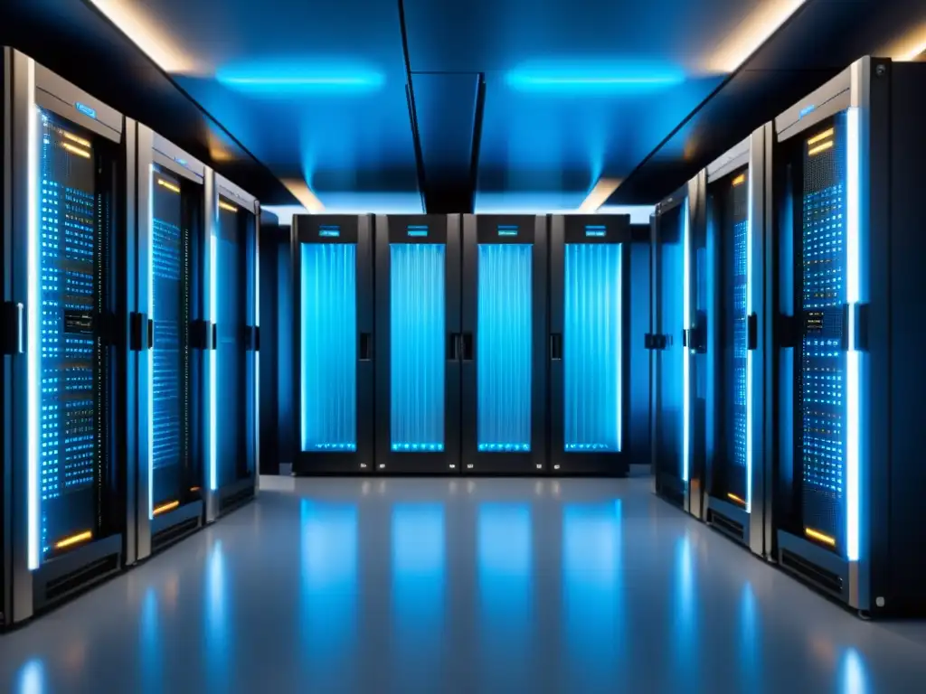 Centro de datos futurista con servidores Docker Un centro de datos futurista lleno de racks de servidores iluminados con luz azul, reflejando eficiencia y confiabilidad