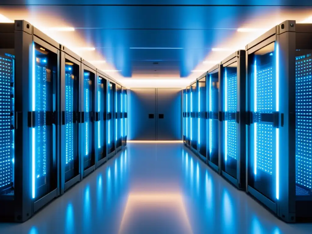 Futurista centro de datos con servidores Docker Un centro de datos futurista lleno de servidores brillantes con contenedores Docker