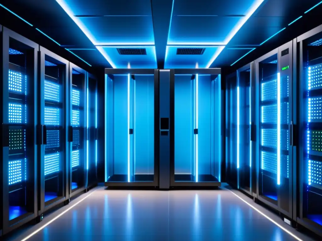 Centro de datos futurista: eficiencia y tecnología avanzada Centro de datos futurista con luces azules y red de entrega de contenidos para acelerar sitio web, reflejando tecnología avanzada y eficiencia