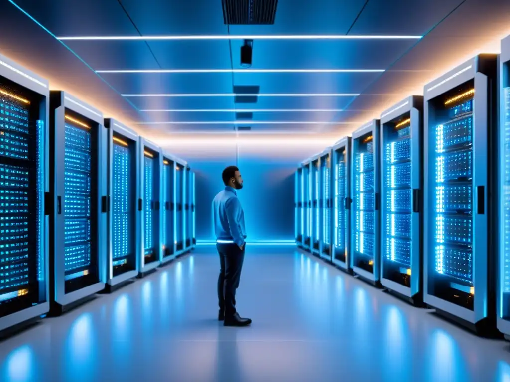 Centro de datos futurista: eficiencia y tecnología de vanguardia Un centro de datos futurista y ordenado con servidores brillantes, tecnología de vanguardia y un equipo de profesionales vigilantes
