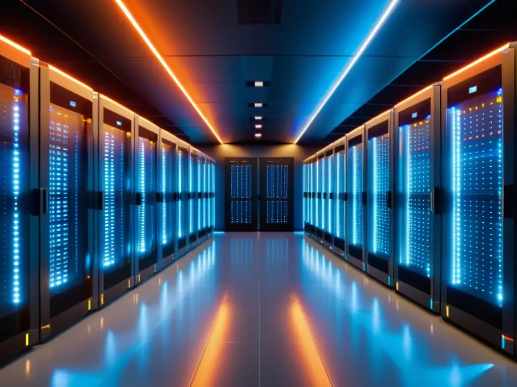 Centro de datos futurista: tecnología avanzada y eficiencia Un centro de datos futurista y organizado con servidores brillantes, reflejando alta tecnología y eficiencia