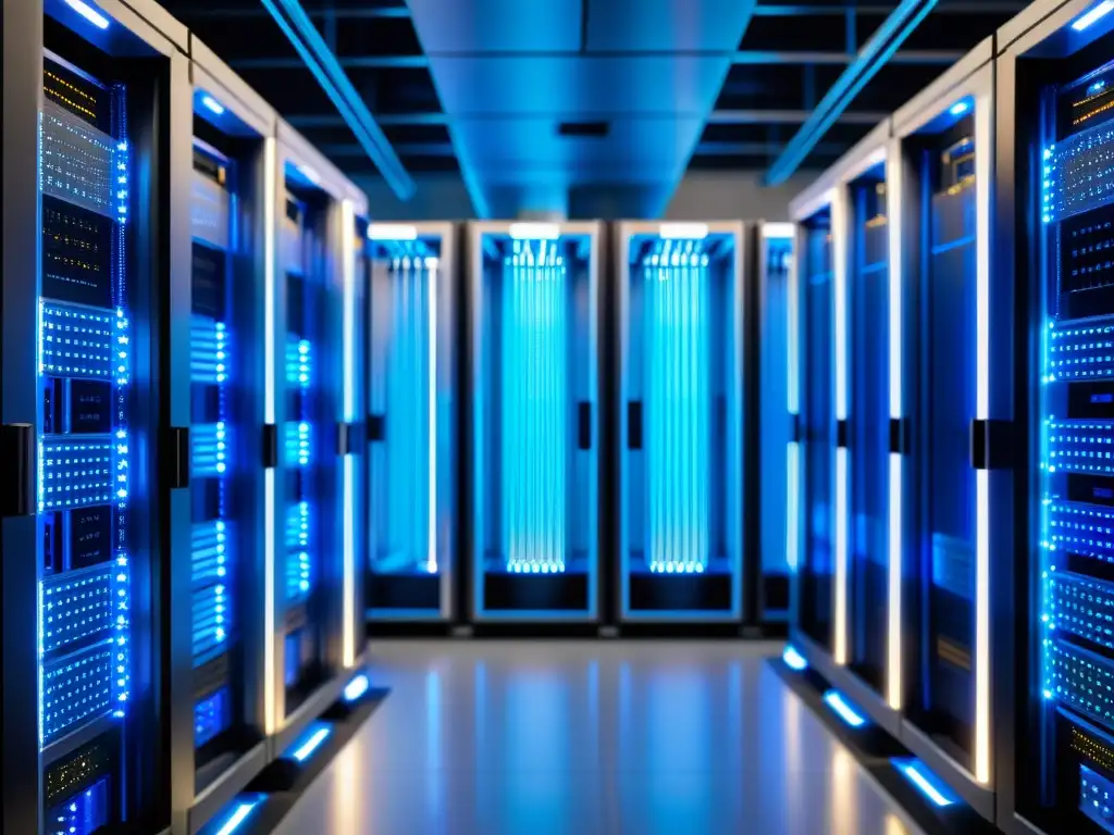Centro de datos futurista: alta tecnología y seguridad Un centro de datos futurista con servidores brillantes y cables ópticos, proyectando una sensación de alta tecnología