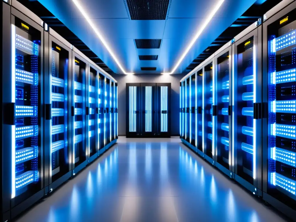 Centro de datos futurista: servidores brillantes y eficiencia tecnológica Un centro de datos futurista con servidores brillantes y eficiencia tecnológica