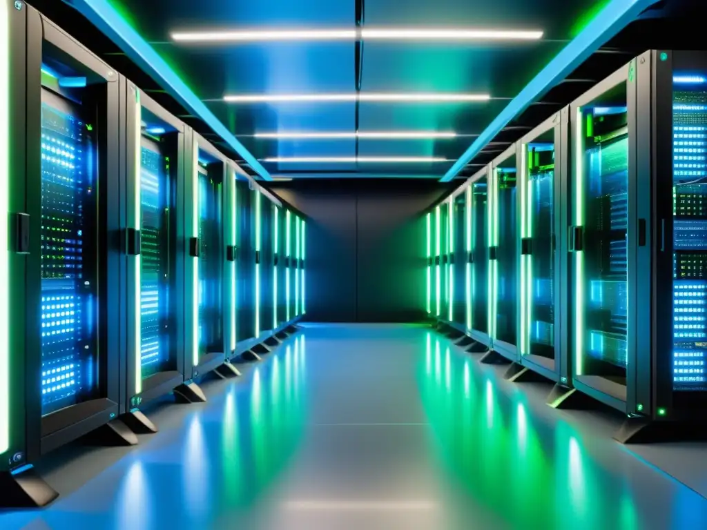 Centro de datos futurista con servidores negros iluminados Un centro de datos futurista con servidores negros, luces LED azules y verdes, cables de fibra óptica brillantes y eficiente gestión de datos