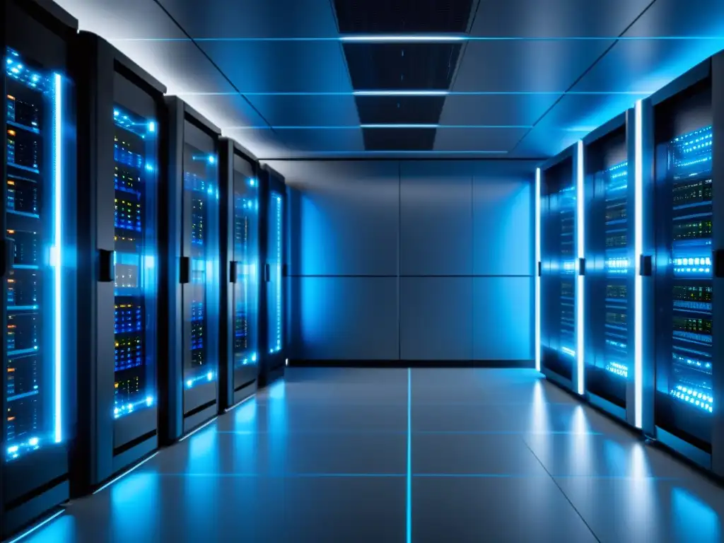 Centro de datos futurista: precisión y eficiencia en azul LED Un centro de datos futurista con servidores organizados y una suave luz azul