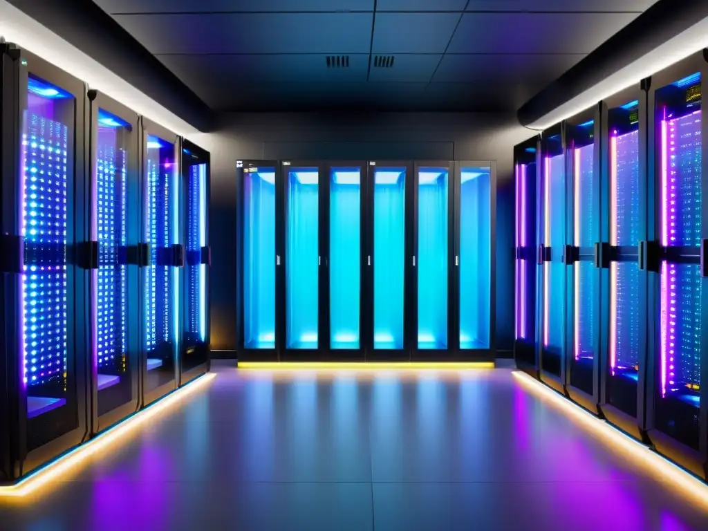 Sala de servidores futurista: tecnología y diseño vanguardista Centro de datos futurista con servidores metálicos brillantes iluminados por luces LED