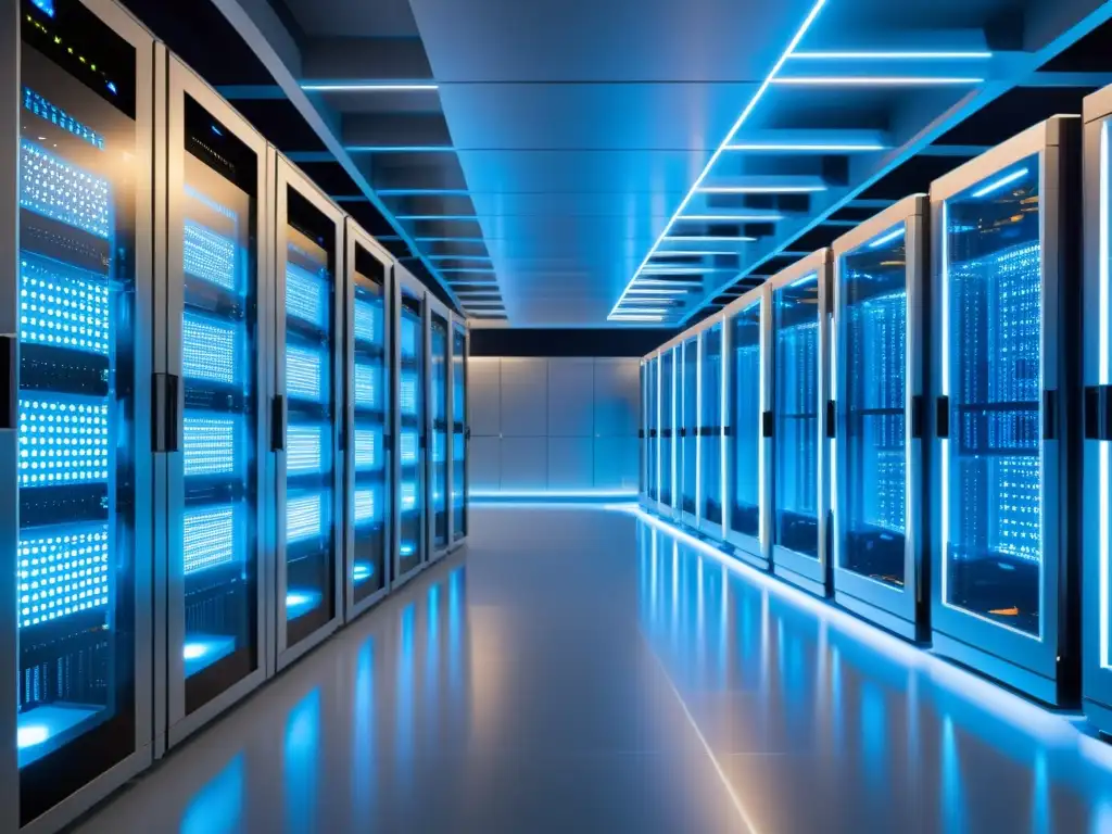 Sala de servidores futurista con brillo azul y cables de fibra óptica Centro de datos futurista con servidores metálicos brillantes emitiendo una suave luz azul