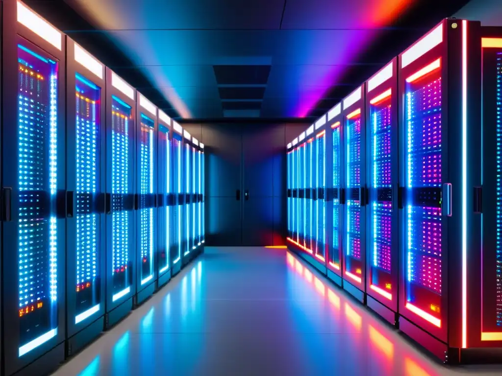 Centro de datos futurista con servidores de alta tecnología Un centro de datos futurista con servidores de alta tecnología organizados en un diseño minimalista