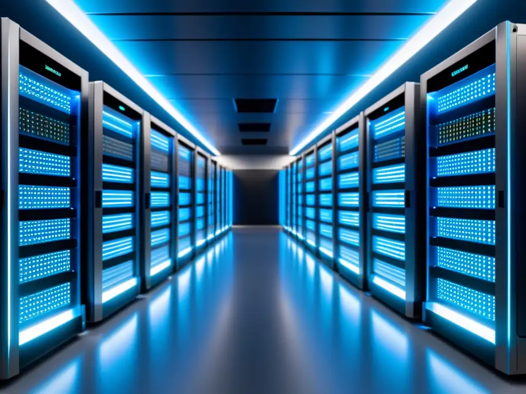 Centro de datos futurista: 8k, servidores brillantes y fibra óptica Un centro de datos futurista con servidores brillantes y una red de alta velocidad, exudando tecnología avanzada y eficiencia