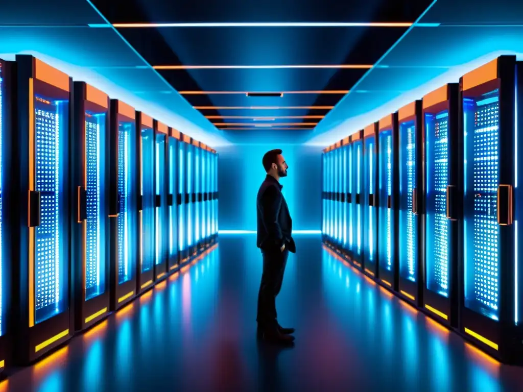 Centro de datos futurista: servidores metálicos iluminados por LED Un centro de datos futurista con servidores metálicos iluminados por luces LED, reflejando las tendencias de mercado en hosting