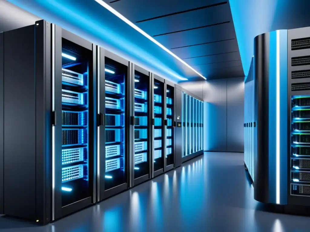 Centro de datos futurista: servidores, luces y tecnología de vanguardia Un centro de datos futurista con servidores relucientes y un dinámico flujo de datos a través de tubos transparentes