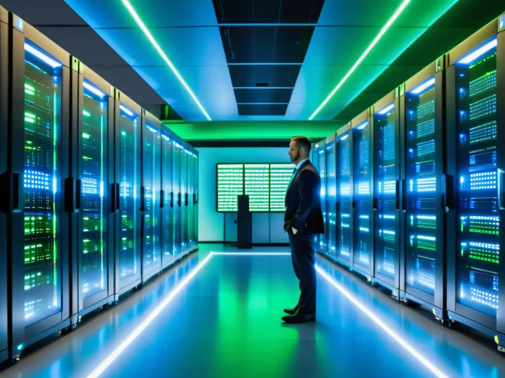 Cybersecurity Experts Monitoring Futuristic Data Center Un centro de datos futurista con servidores ordenados y luces azules y verdes