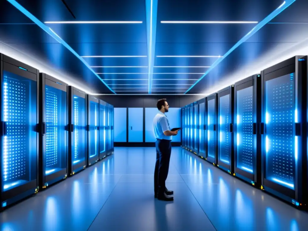 Centro de datos futurista: alta tecnología y eficiencia Un centro de datos futurista con servidores de vanguardia iluminados por un suave resplandor azul, tecnólogos realizando mantenimiento