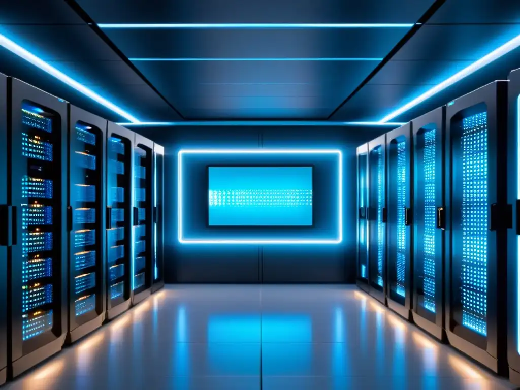 Centro de datos futurista con servidores y holograma Centro de datos futurista con servidores ordenados y luces LED parpadeantes, en un ambiente tecnológico de alta gama