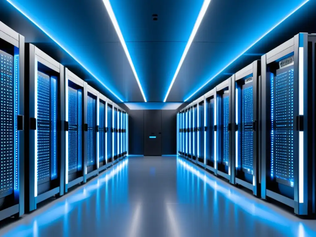 Centro de datos futurista con servidores iluminados Un centro de datos futurista con servidores interconectados iluminados por luces LED azules y blancas