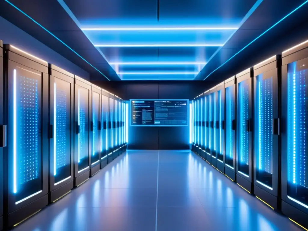 Centro de datos futurista con servidores iluminados y AI potente Centro de datos futurista con servidores iluminados, cables de fibra óptica y una interfaz holográfica, todo gestionado por inteligencia artificial