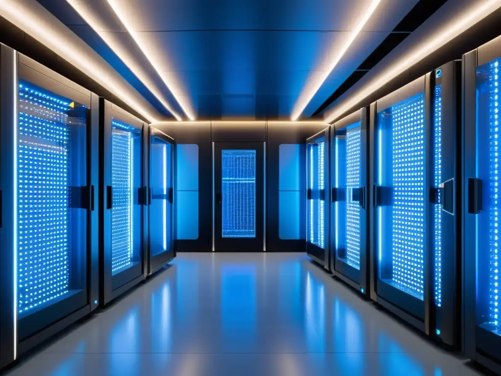 Centro de datos futurista con IA y refrigeración avanzada Un centro de datos futurista con servidores de inteligencia artificial, iluminación LED azul y tecnología de vanguardia