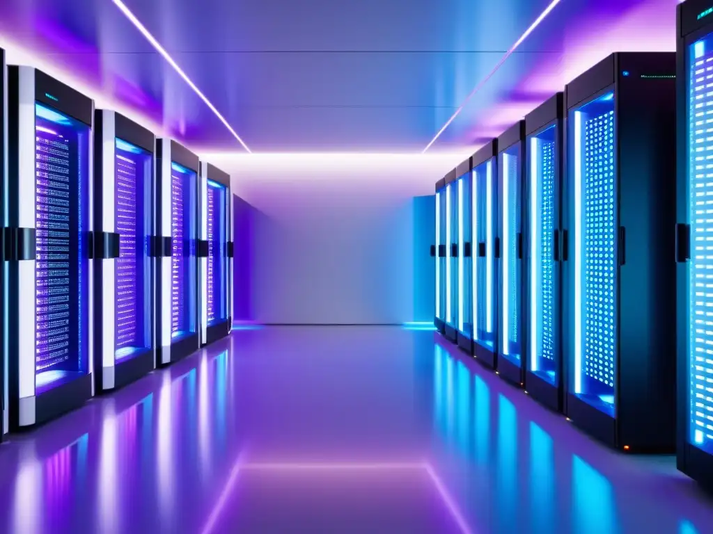 Centro de datos futurista con servidores brillantes y tecnología AI de vanguardia Un centro de datos futurista con servidores luminosos y tecnología AI, en una habitación blanca y brillante